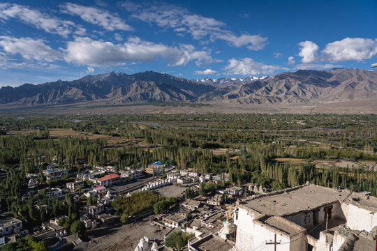 Thiksey, India - September 12, 2024: View over the Indus River valley from Thiksey Monastery.