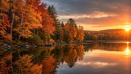 Fototapeta premium A breathtaking autumn sunset casting a warm glow over a tranquil lake, with vibrant trees reflecting in the still water