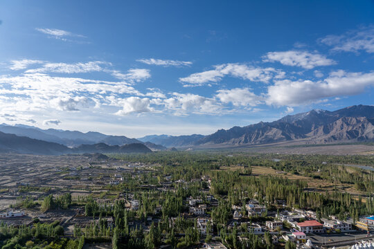Thiksey, India - September 12, 2024: View over the Indus River valley from Thiksey Monastery.