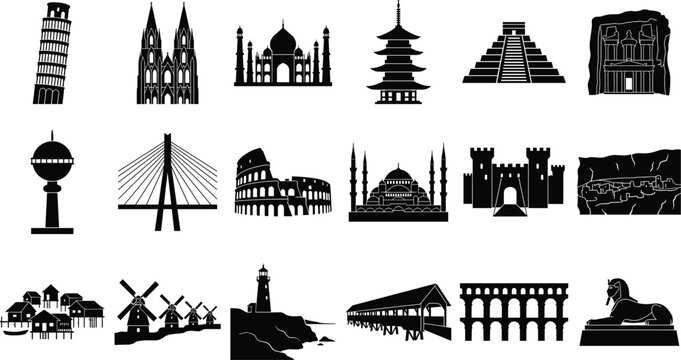 World landmark silhouette collection featuring iconic monuments, historic architecture, and cultural heritage structures in vector design