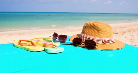 Obraz premium Summer Holidays in Beach Seashore. Fashion accessories summer flip flops, hat, sunglasses on bright turquoise board near the pool 