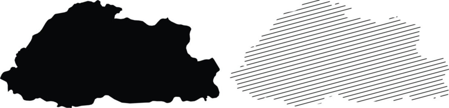 Bhutan map silhouette collection, black solid and hatched line vector graphics, minimalist geographical border icons for travel infographics