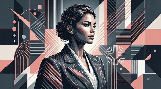 Elegant woman in modern attire gazes forward with calm resolve. Abstract geometric shapes frame her with bold, stylized color accents. Sleek lines and muted tones evoke professionalism