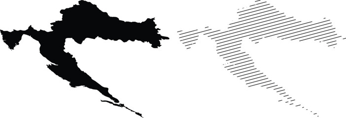 Croatia map vector silhouettes, black solid and striped line art country outlines, minimalist geographic borders for travel and education © Masud010