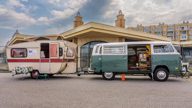  Classic Volkswagen T2 with caravan at he Aircooled classic car show 2026 in Scheveningen, Netherlands