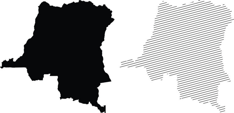 Democratic Republic of the Congo map vector, black silhouette and hatched line art set, African country border outline graphics