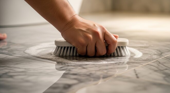 Human hand holding a white cleaning brush to scrub a soapy marble floor in a bathroom.