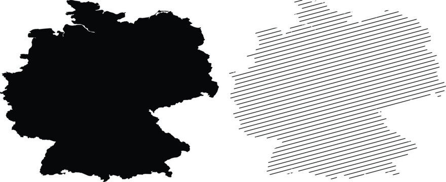 Germany map vector silhouettes, black solid and hatched line German border shapes, isolated national geography outlines for infographics and travel design