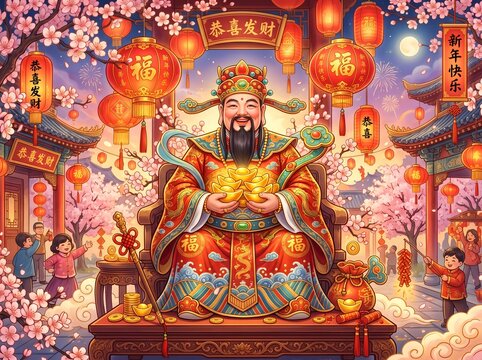 Chinese God of Wealth Caishen Holding Gold Ingots During Lunar New Year Celebration with Cherry Blossoms, Lanterns, Children, and Fireworks for Prosperity