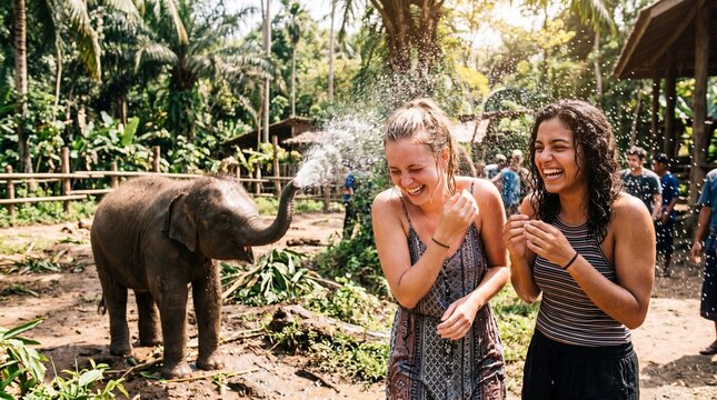 Two women laugh ecstatically as a baby elephant sprays them with water in a lush jungle sanctuary, capturing a refreshingly playful, joyful, and exhilarating travel moment.
