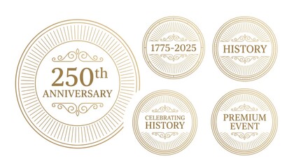 Fototapeta premium Vintage 250th anniversary seal collection, elegant beige history badges, set of 5 premium event labels with ornate filigree and sunburst details