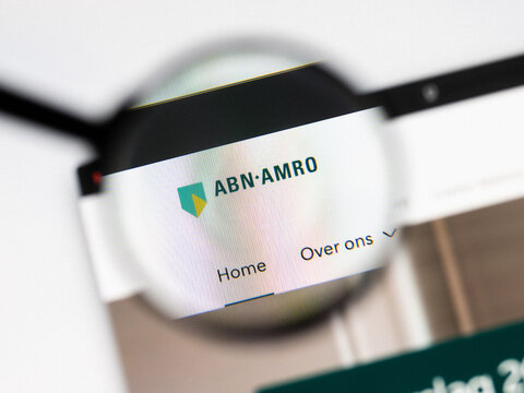 Milan, Italy 2026, 20 Apr Closeup of ABN AMRO website on a laptop screen. ABN AMRO logo under a magnifying glass.