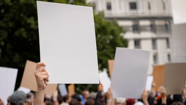 A group of people holding blank signs at a protest or rally. The signs are empty, allowing for customizable messages. The background shows a blurred view of buildings and trees.