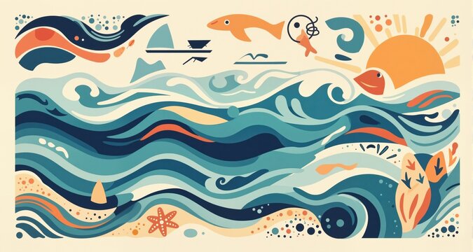 Abstract modern vector sea ocean vacation elements in simple wavy and groovy naive style. Design vintage trendy templates
