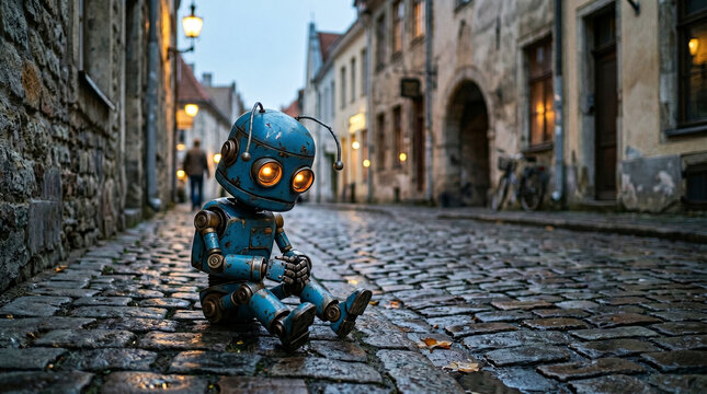 Sad blue robot sitting alone on wet cobblestone street in old European town