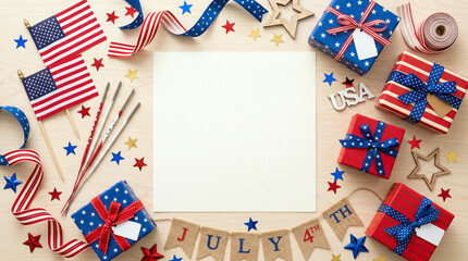 Obraz premium Fourth of July Celebration Flat Lay with Gifts Flags Sparklers and Blank Space