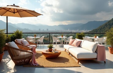 Obraz premium Luxury balcony furniture with city view. Wicker chairs sofa arranged around coffee table. Outdoor lounge area with distant mountains cityscape backdrop.
