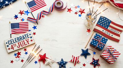 Obraz premium Celebrate 4th of July with American flags sparklers gifts and stars on white wood background