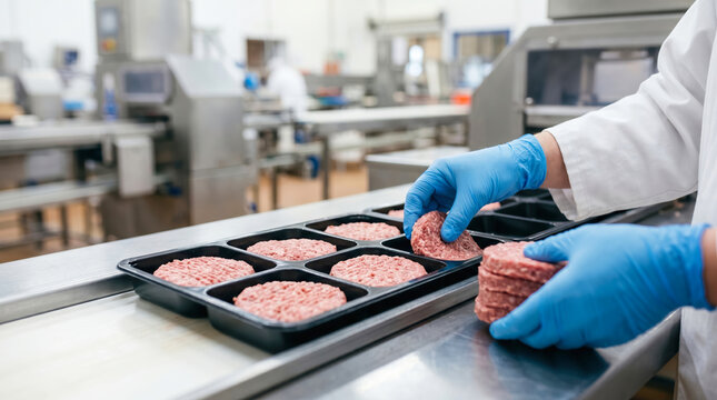 A worker places raw beef patties into trays in a food processing facility. The worker wears gloves and a lab coat, indicating safety and hygiene practices