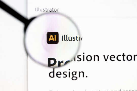 Milan, Italy 2026, 20 Apr Closeup of Adobe Illustrator website on a laptop screen. Adobe Illustrator logo under a magnifying glass.