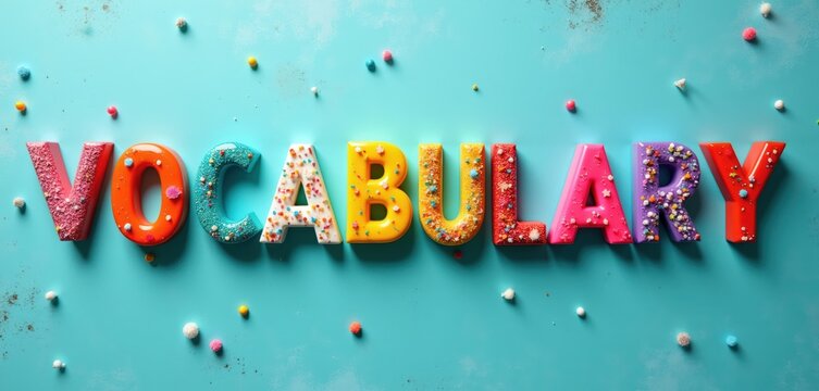 Colorful 3D letters spell out vocabulary on blue background. Confections adorned with sprinkles appear as individual alphabet pieces. Words concept creative fun bright.