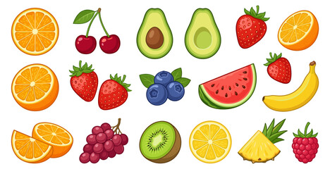 Fresh food vector icon set, collection of ripe fruit and berry stickers on transparent background © Надія Кускова