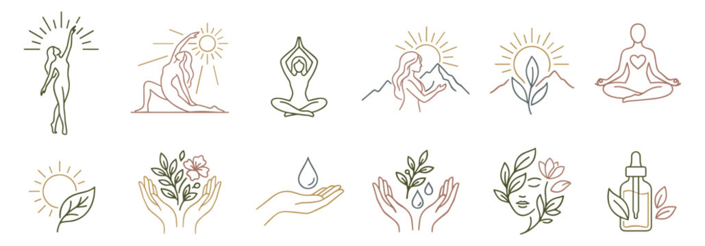 Aesthetic line art icon vector set of woman beauty wellness and selfcare elements, minimalist botanical logo collection and spiritual spa symbols on transparent background