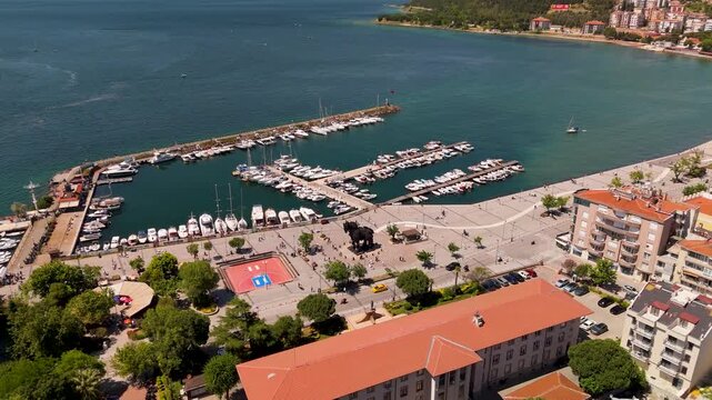 &Ccedil;anakkale, Turkey - 26 May 2026 Aerial View of Canakkale Marina and Trojan Horse Monument on the Dardanelles Strait in Turkey