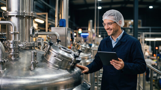 A man standing next to large equipment uses a tablet to monitor processes in a factory. He wears a hairnet and looks focused on his task as machines run around him