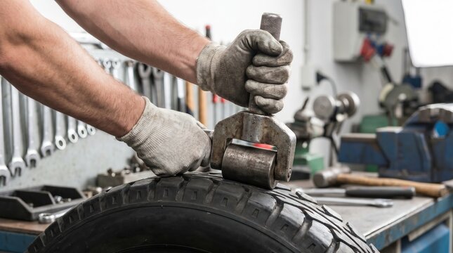 Tire mechanic using a heavy metal stitcher roller to firmly press a rubber patch onto a vehicle tire