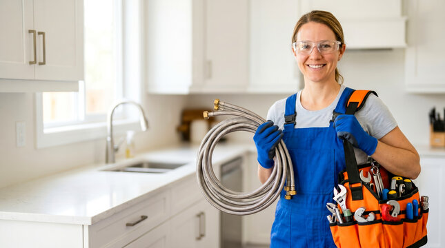 A worker stands in a kitchen holding hoses and a tool bag. The person wears gloves and safety glasses. The kitchen appears modern with white cabinets and a sink