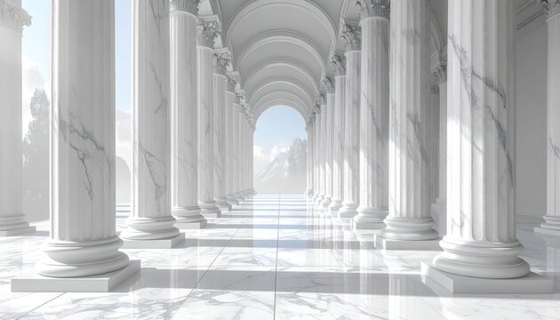 Grand Marble Colonnade Hallway with Sunlight and Mountains View
