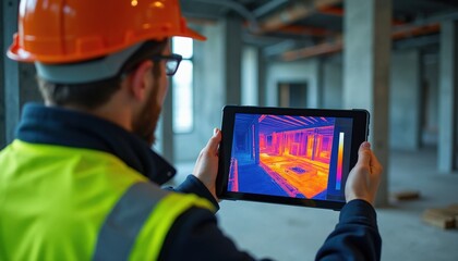 Plakat Builder uses thermal camera tablet for building inspection. Inspects heat loss, energy efficiency, structural integrity, and drafts in new construction site. Detects temperature variations.