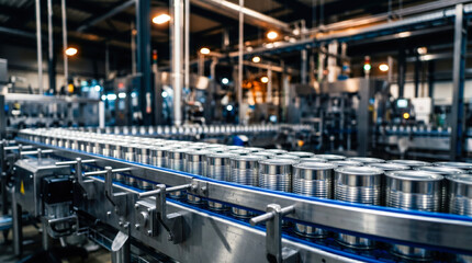 Fototapeta premium Cans travel on a conveyor belt in a busy manufacturing plant. Workers monitor equipment and ensure smooth operation as products move along the line