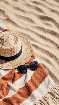 Straw Hat and Tortoiseshell Sunglasses on a Striped Beach Towel on Sand
