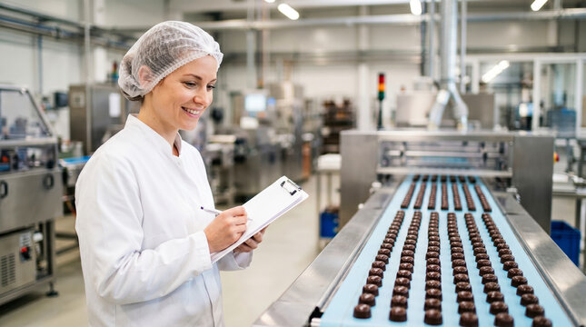 A worker with a hairnet observes the chocolate production line. She writes on a clipboard while standing beside the moving conveyor. The factory is busy with machines