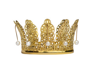 Golden princess crown with pearls isolated on white background.