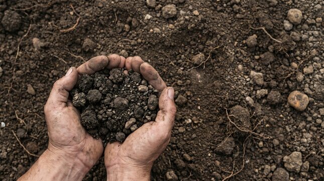 Dirty hands holding a small pile of dark fertile soil over the ground in a natural outdoor garden setting today