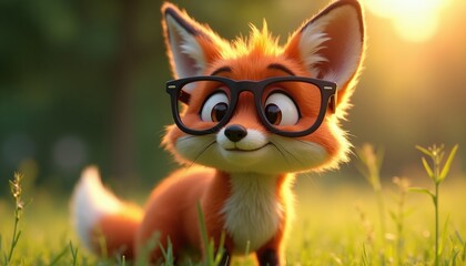Naklejka premium Cute cartoon fox with glasses smiles outdoors. Adorable animal sits in sunny green grass, looking at camera. Whimsical character, nature background, fun pose.
