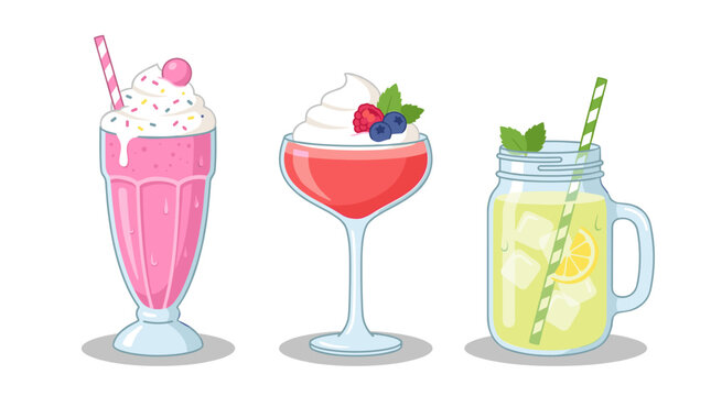 A chilled bubble‑gum flavored milkshake served in a glass, topped with whipped cream and berries, presented as a summer‑refreshing drink with a straw, illustrated as a flat vector cartoon on a white