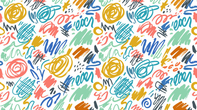 An abstract scribble pattern featuring seamless design, colored doodles, freehand brushstrokes, and lines&mdash;ideal as texture for wallpaper, fabric, or paper wrapping, repeating as a background in flat