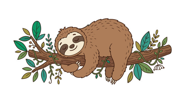 A charming sloth snoozes on a branch, a leisurely jungle animal resting in a rainforest tree, portrayed as a funny cartoon figure set against a white backdrop in a vivid hand‑drawn vector
