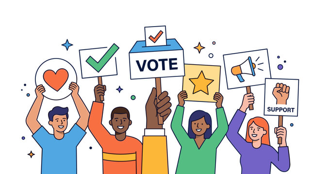 Illustration of hands displaying election symbols, urging people to vote. Voters clutching heart, checkmark, star, voice, and support icons for a political campaign. Flat vector art set against a