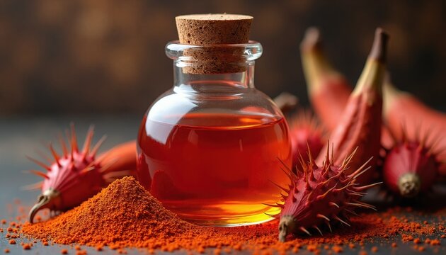 Red oil in glass bottle with annatto seeds and powder. Natural dye liquid, spice ingredient, food coloring. Tropical plant extract, organic coloring for cooking.