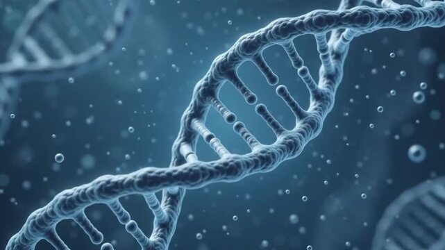 3d render of a dna double helix structure with floating particles and viruslike cells in a blue microscopic background