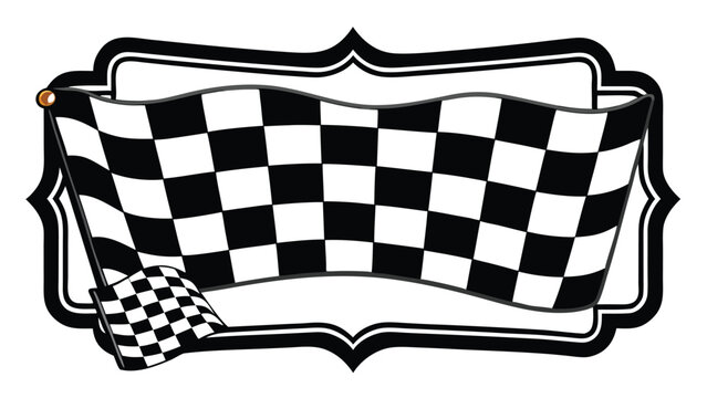 Checkered racing flag waving over a vintage decorative frame border for sports event announcements and competition winner signage