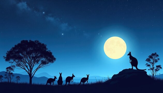 Silhouettes of kangaroos stand on grassy hill under starry night sky and bright full moon. A large acacia tree is nearby with distant hills. Wildlife scene in Australia at nighttime.