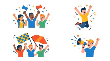 Fototapeta premium Excited fans celebrating with flags and confetti, cheering for victory, diverse group of people showing support.