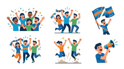 Fototapeta premium Group of enthusiastic fans celebrating victory, cheering with flags, scarves, and confetti, happy diverse people.