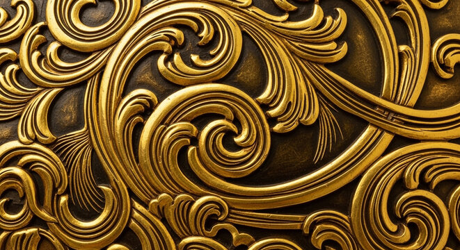 Ornate, luxurious, golden swirling baroque flourishes and rococo scrollwork, embossed deeply into a dark, textured background, evoking opulence and rich decorative artistry.